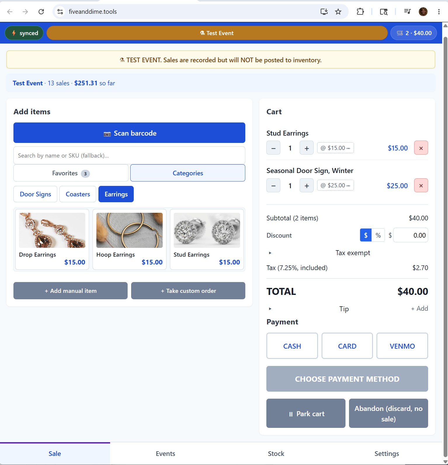 The fiveanddime sale screen: a product grid with photos, a Scan barcode button, a live cart with discount and tax, and Cash, Card, and Venmo payment buttons.