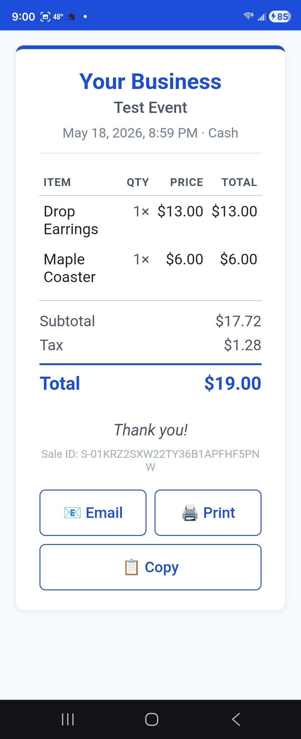 A customer receipt on a phone showing line items, subtotal, tax, total, and Email, Print, and Copy buttons.