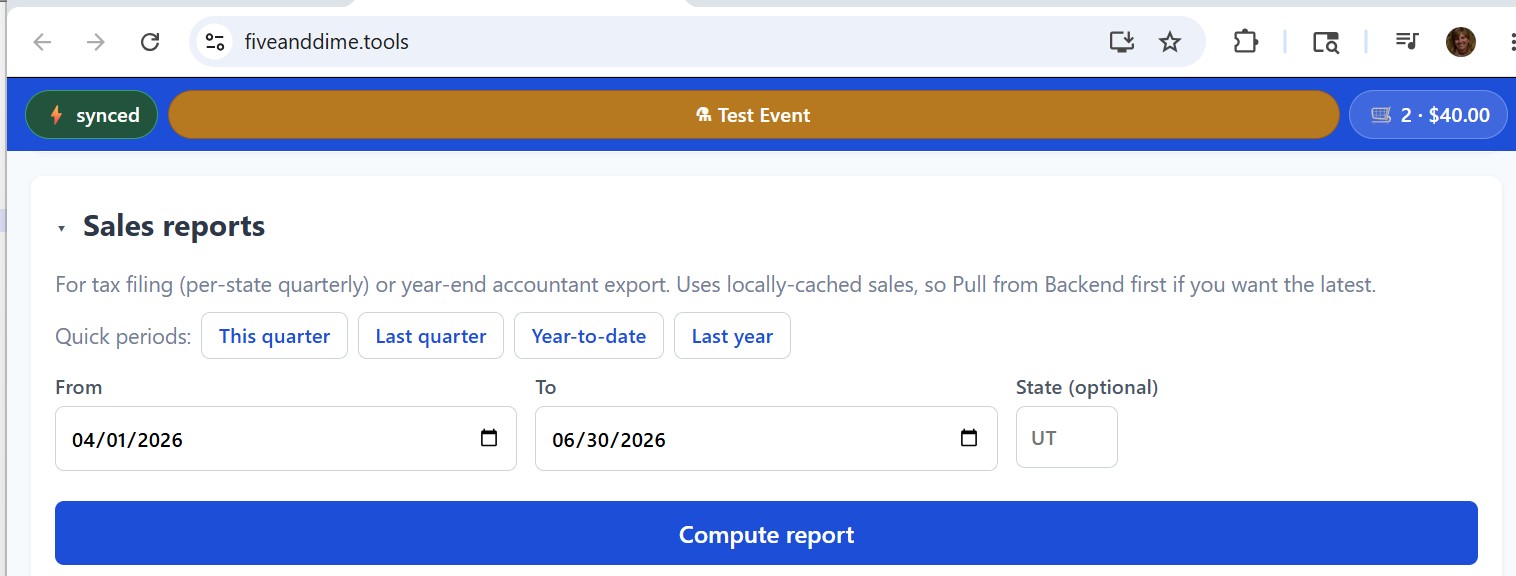 The Sales reports panel with quick periods for this quarter, last quarter, and year-to-date, a date range, and an optional state field for tax filing.